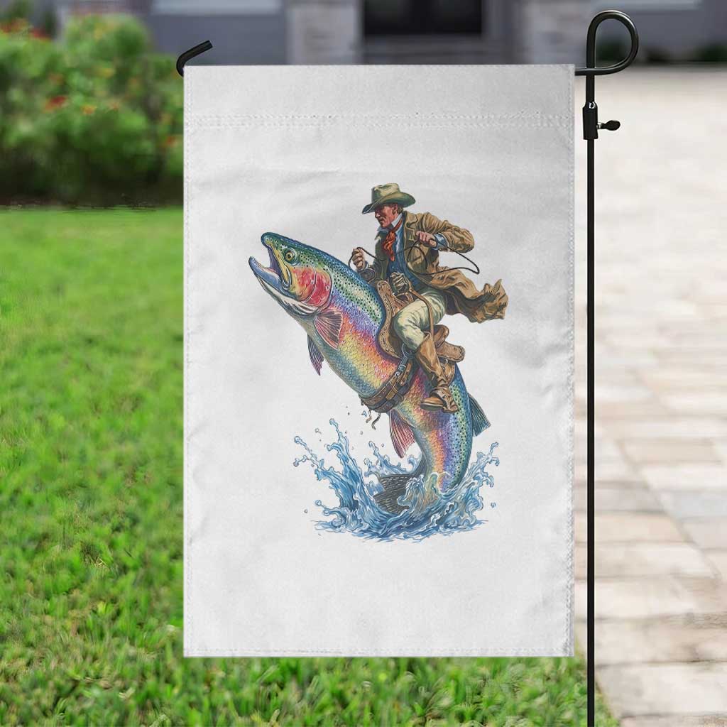 Vintage Cowboy Riding Rainbow Trout Garden Flag Funny Fishing Western Rodeo