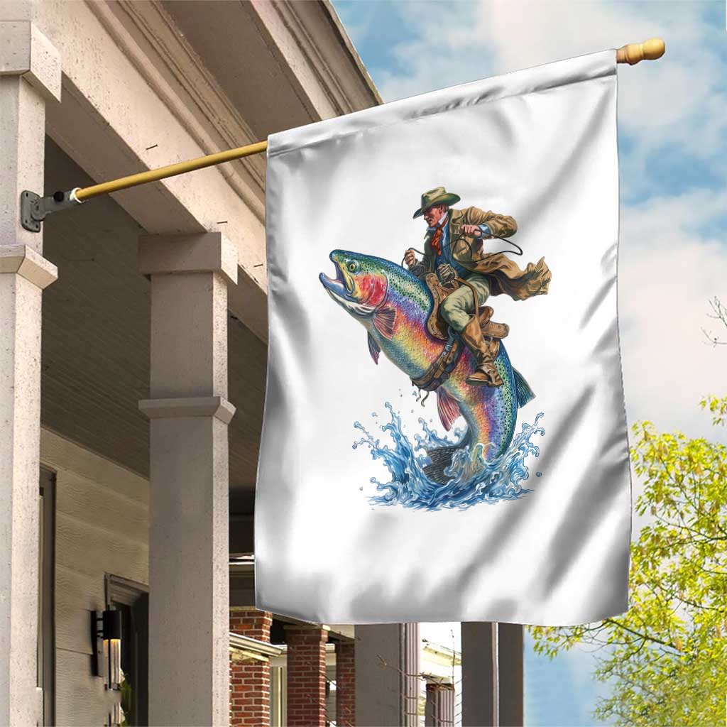 Vintage Cowboy Riding Rainbow Trout Garden Flag Funny Fishing Western Rodeo