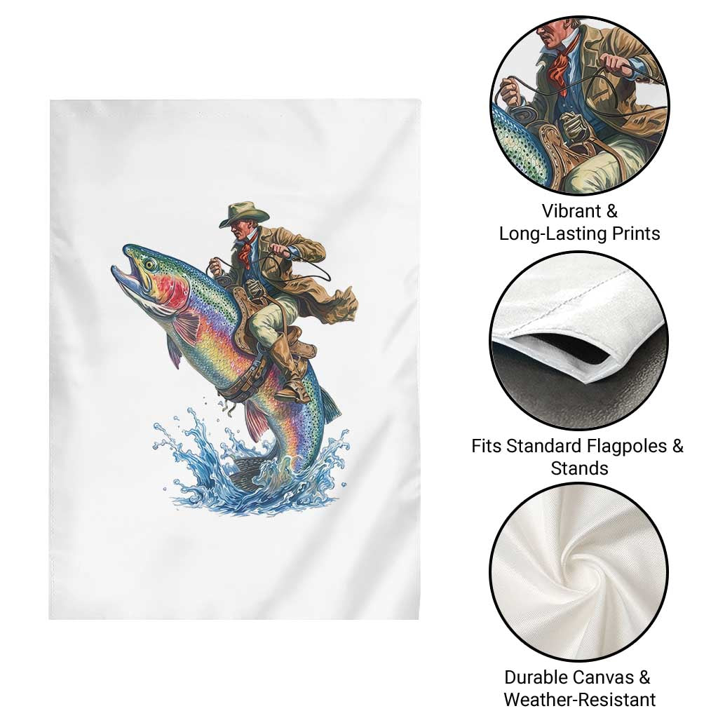 Vintage Cowboy Riding Rainbow Trout Garden Flag Funny Fishing Western Rodeo