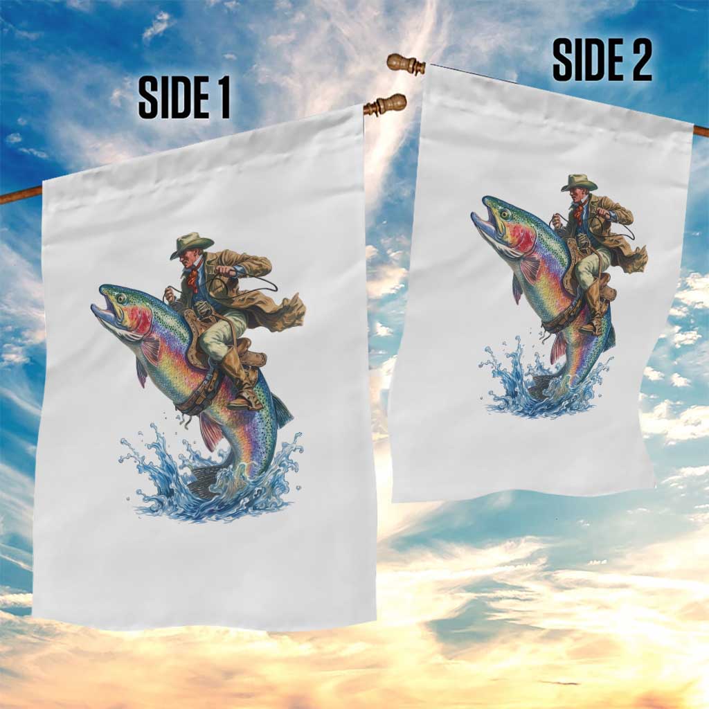 Vintage Cowboy Riding Rainbow Trout Garden Flag Funny Fishing Western Rodeo