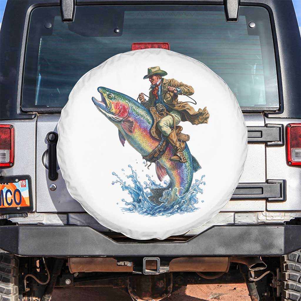 Vintage Cowboy Riding Rainbow Trout Spare Tire Cover Funny Fishing Western Rodeo