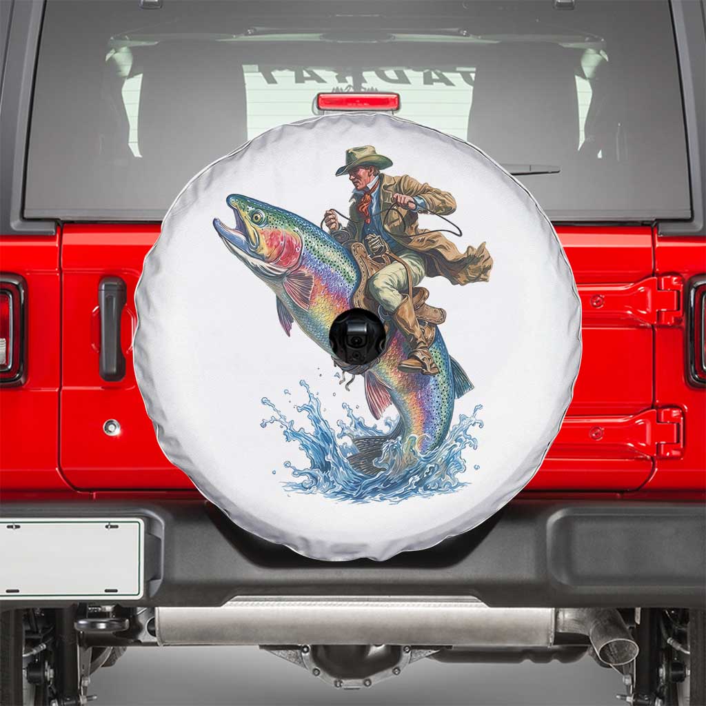 Vintage Cowboy Riding Rainbow Trout Spare Tire Cover Funny Fishing Western Rodeo