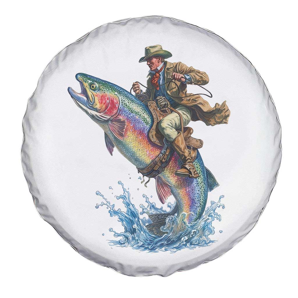 Vintage Cowboy Riding Rainbow Trout Spare Tire Cover Funny Fishing Western Rodeo