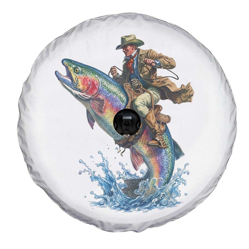 Vintage Cowboy Riding Rainbow Trout Spare Tire Cover Funny Fishing Western Rodeo