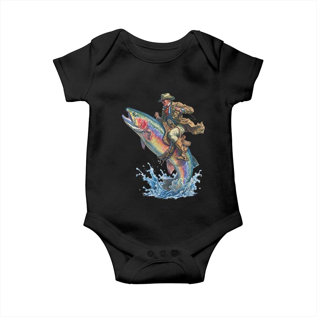 Vintage Cowboy Riding Rainbow Trout Baby Onesie Funny Fishing Western Rodeo