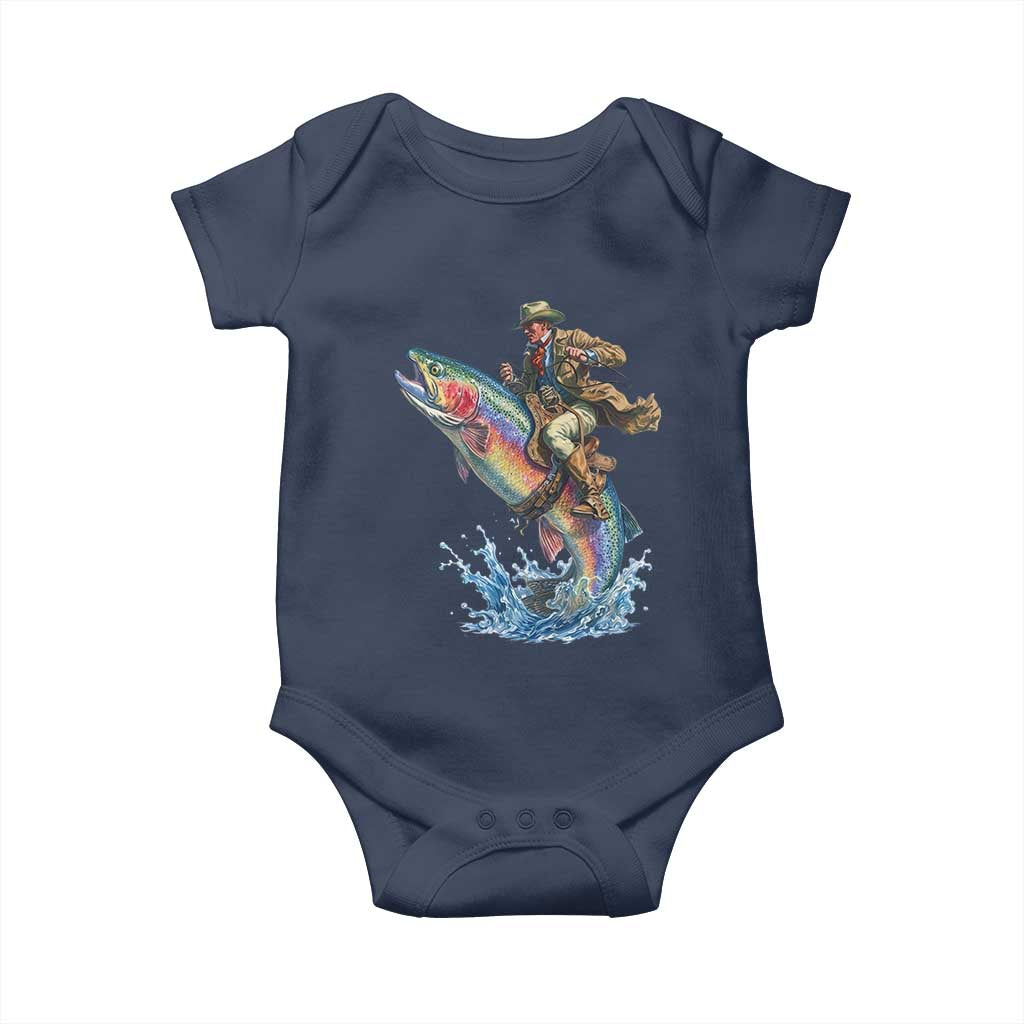 Vintage Cowboy Riding Rainbow Trout Baby Onesie Funny Fishing Western Rodeo