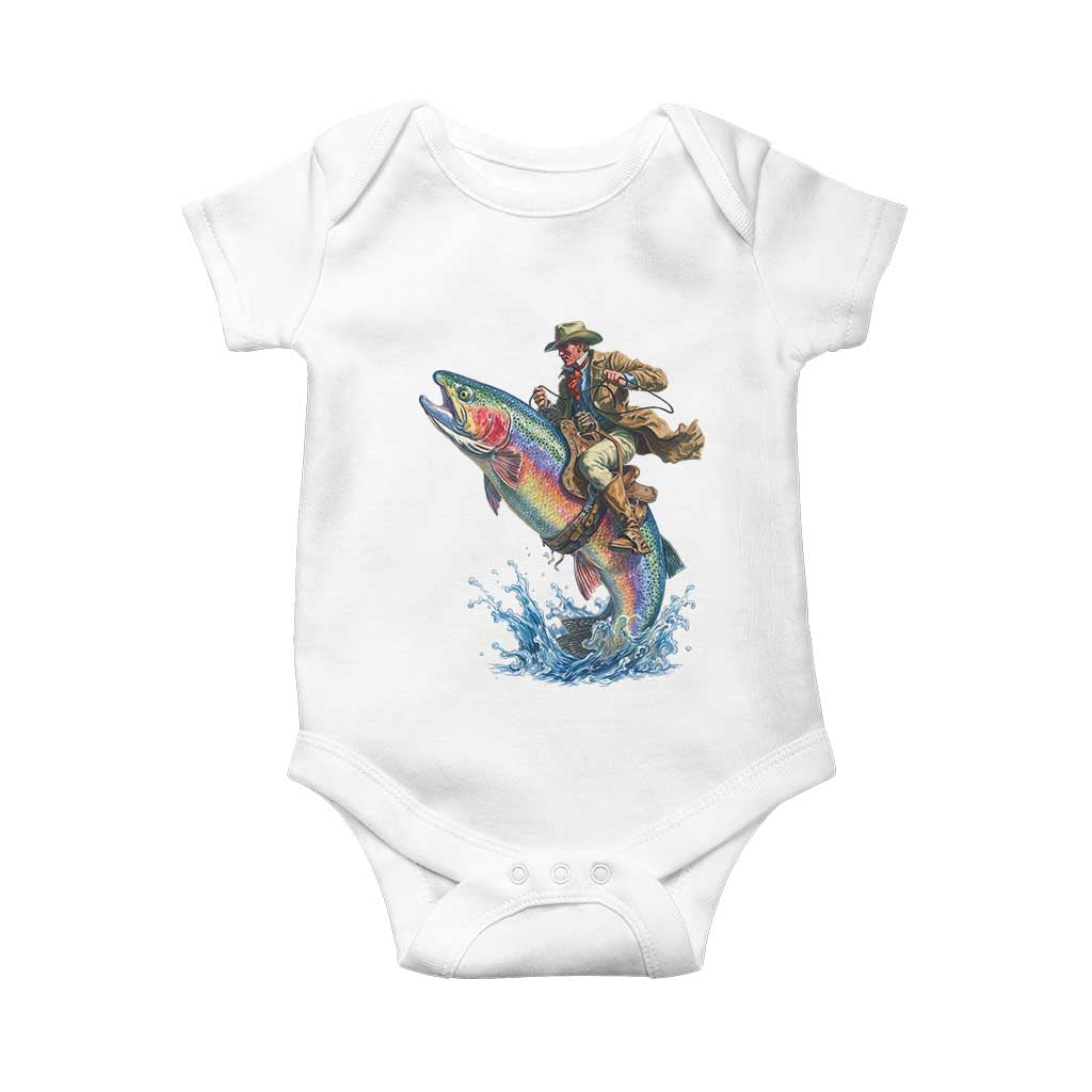 Vintage Cowboy Riding Rainbow Trout Baby Onesie Funny Fishing Western Rodeo