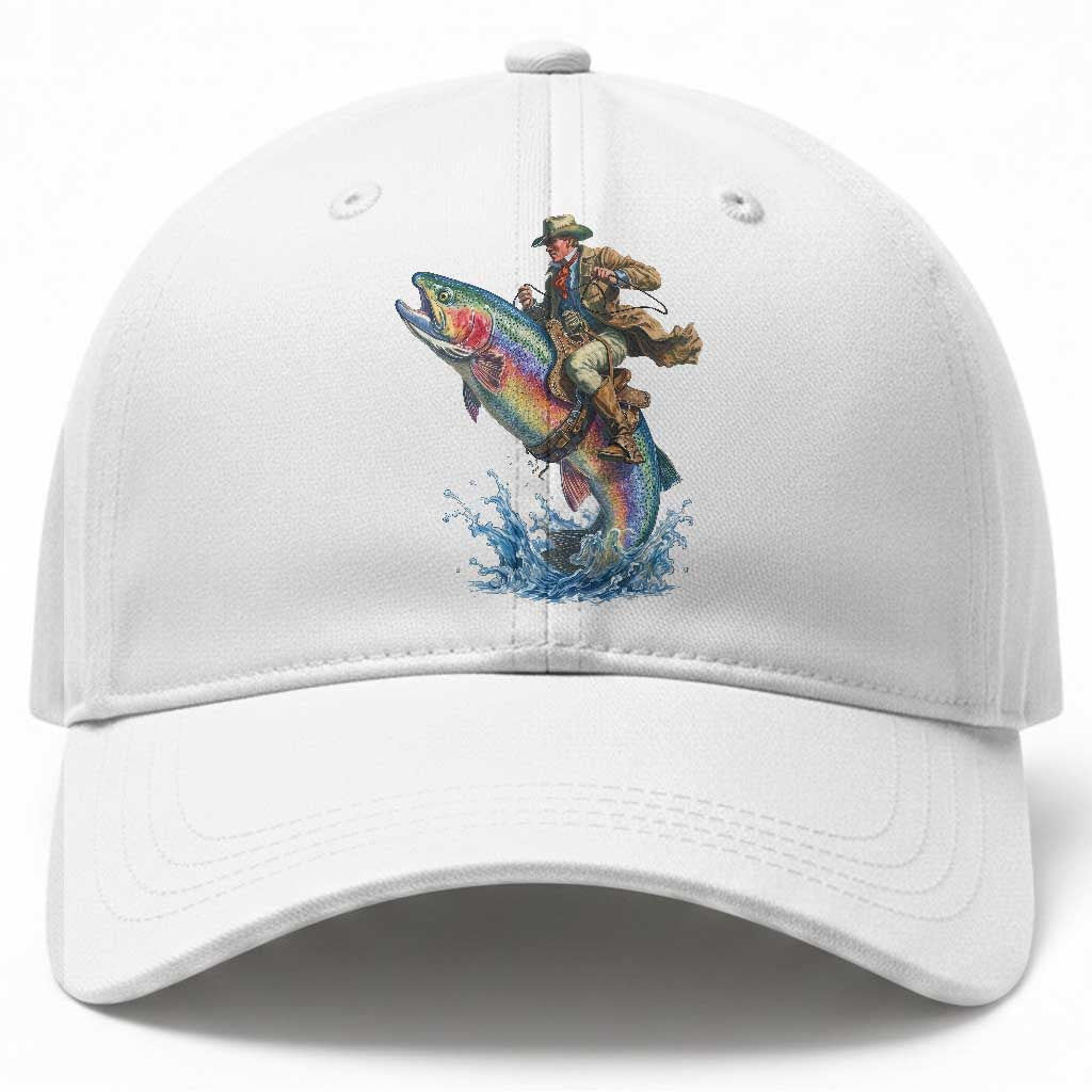 Vintage Cowboy Riding Rainbow Trout Baseball Cap Funny Fishing Western Rodeo