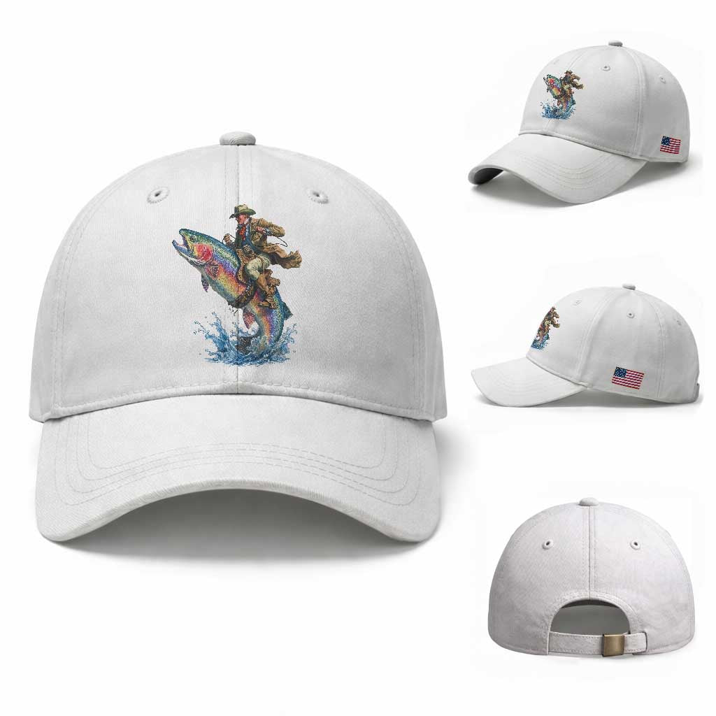 Vintage Cowboy Riding Rainbow Trout Baseball Cap Funny Fishing Western Rodeo