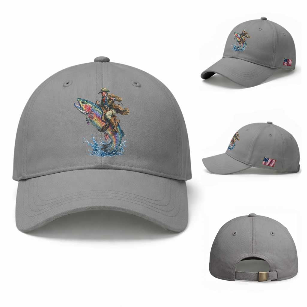 Vintage Cowboy Riding Rainbow Trout Baseball Cap Funny Fishing Western Rodeo
