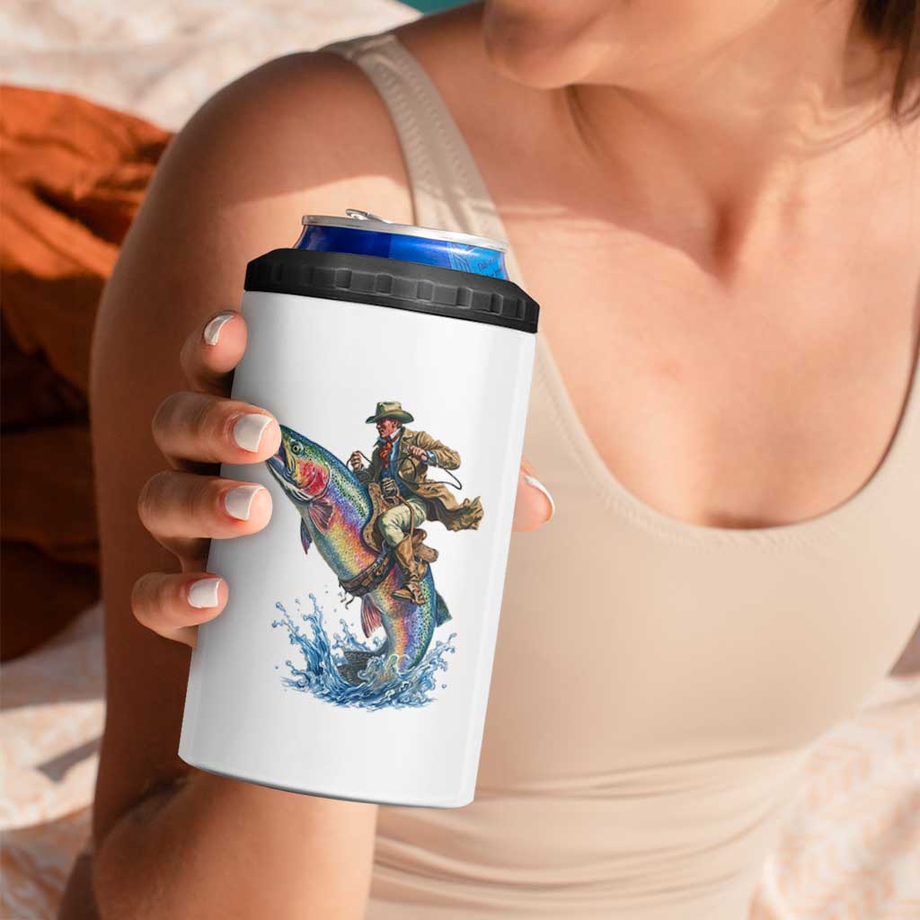 Vintage Cowboy Riding Rainbow Trout 4 in 1 Can Cooler Tumbler Funny Fishing Western Rodeo