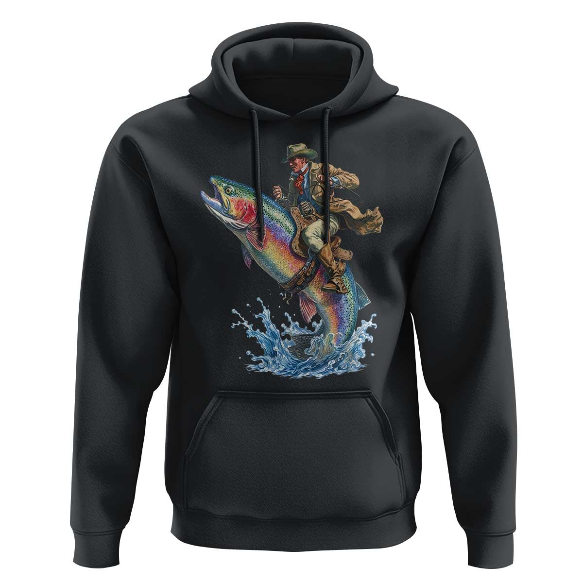 Vintage Cowboy Riding Rainbow Trout Hoodie Funny Fishing Western Rodeo