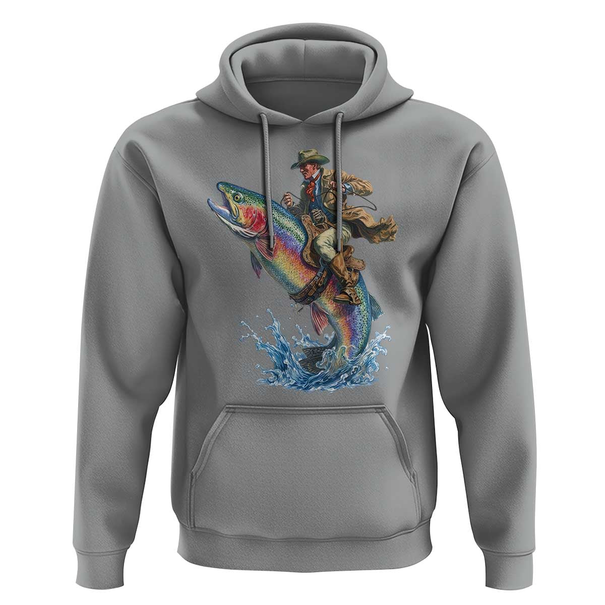 Vintage Cowboy Riding Rainbow Trout Hoodie Funny Fishing Western Rodeo