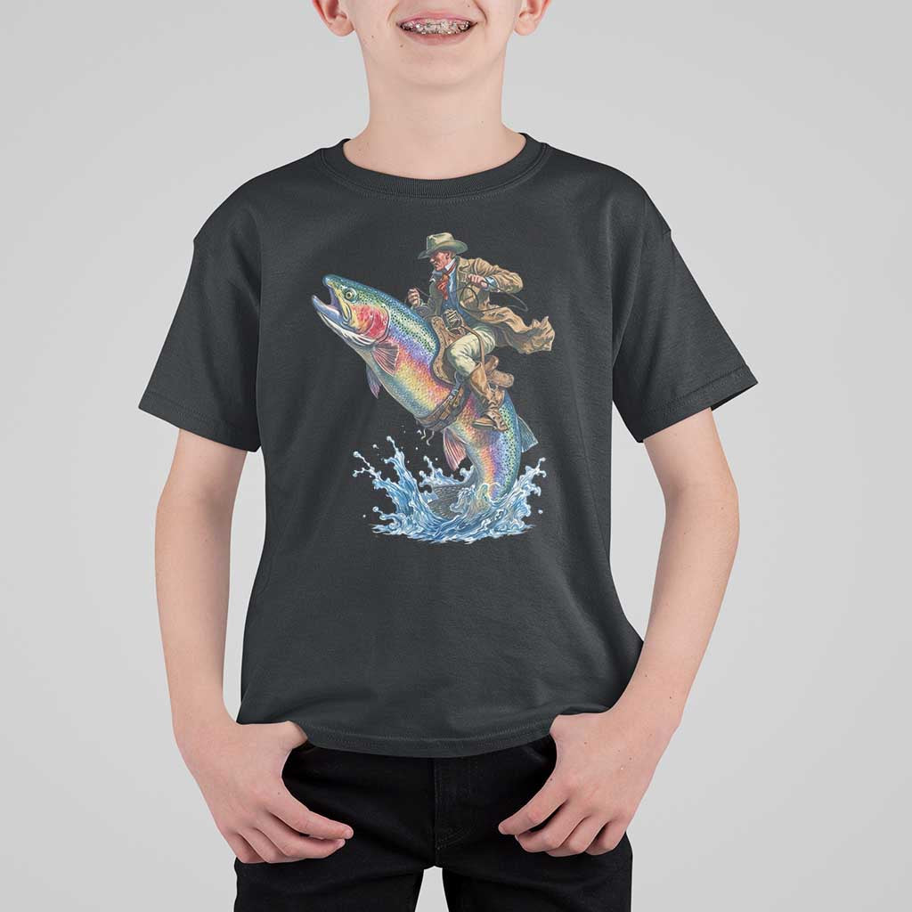 Vintage Cowboy Riding Rainbow Trout T Shirt For Kid Funny Fishing Western Rodeo
