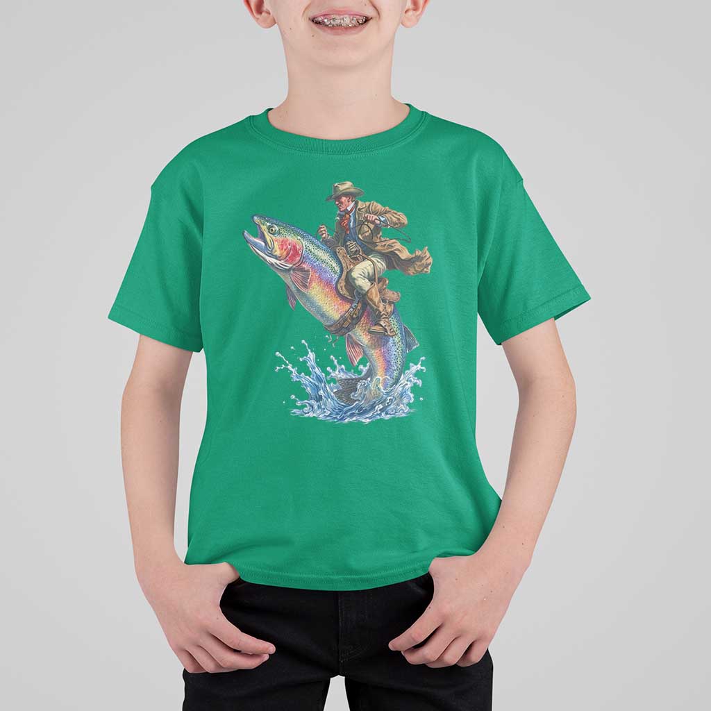 Vintage Cowboy Riding Rainbow Trout T Shirt For Kid Funny Fishing Western Rodeo