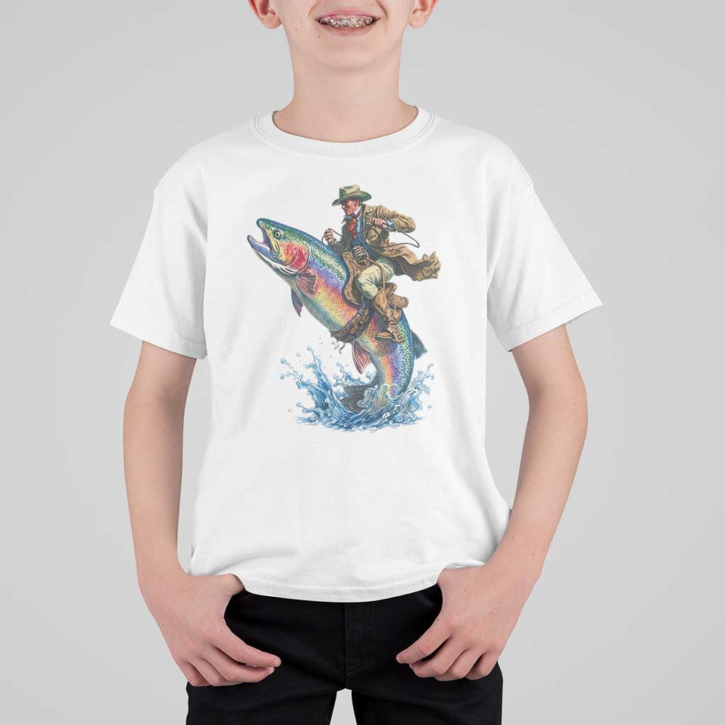 Vintage Cowboy Riding Rainbow Trout T Shirt For Kid Funny Fishing Western Rodeo