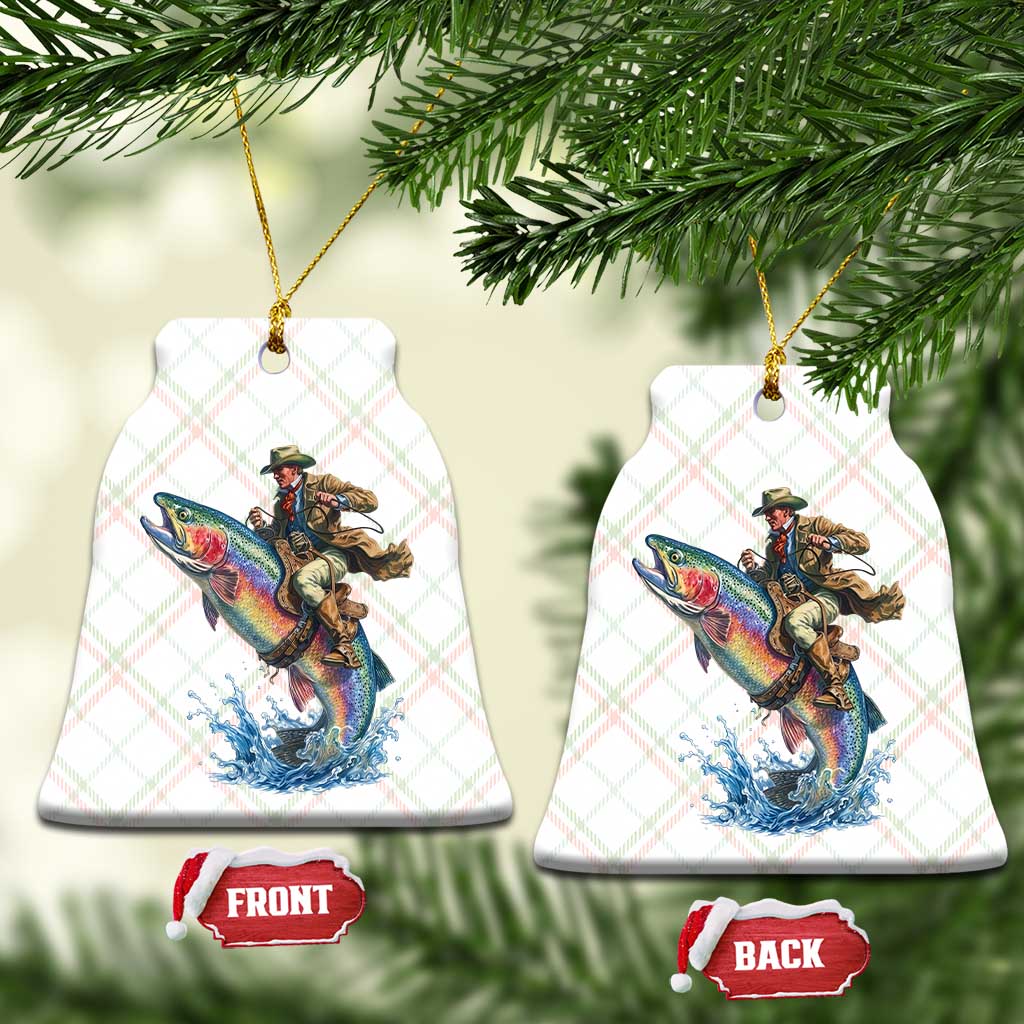Vintage Cowboy Riding Rainbow Trout Ceramic Ornament Funny Fishing Western Rodeo