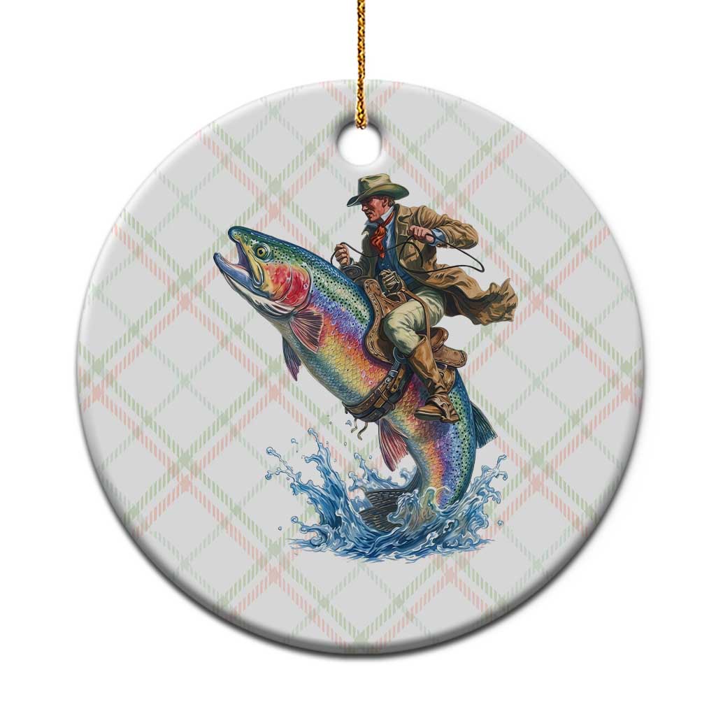 Vintage Cowboy Riding Rainbow Trout Ceramic Ornament Funny Fishing Western Rodeo