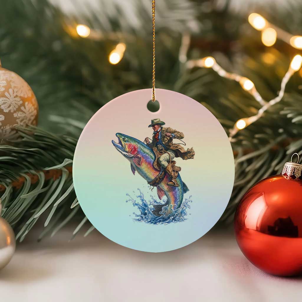 Vintage Cowboy Riding Rainbow Trout Ceramic Ornament Funny Fishing Western Rodeo