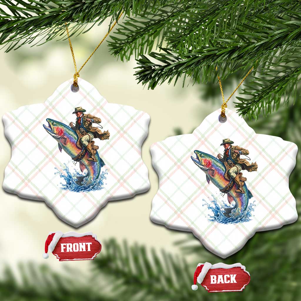 Vintage Cowboy Riding Rainbow Trout Ceramic Ornament Funny Fishing Western Rodeo