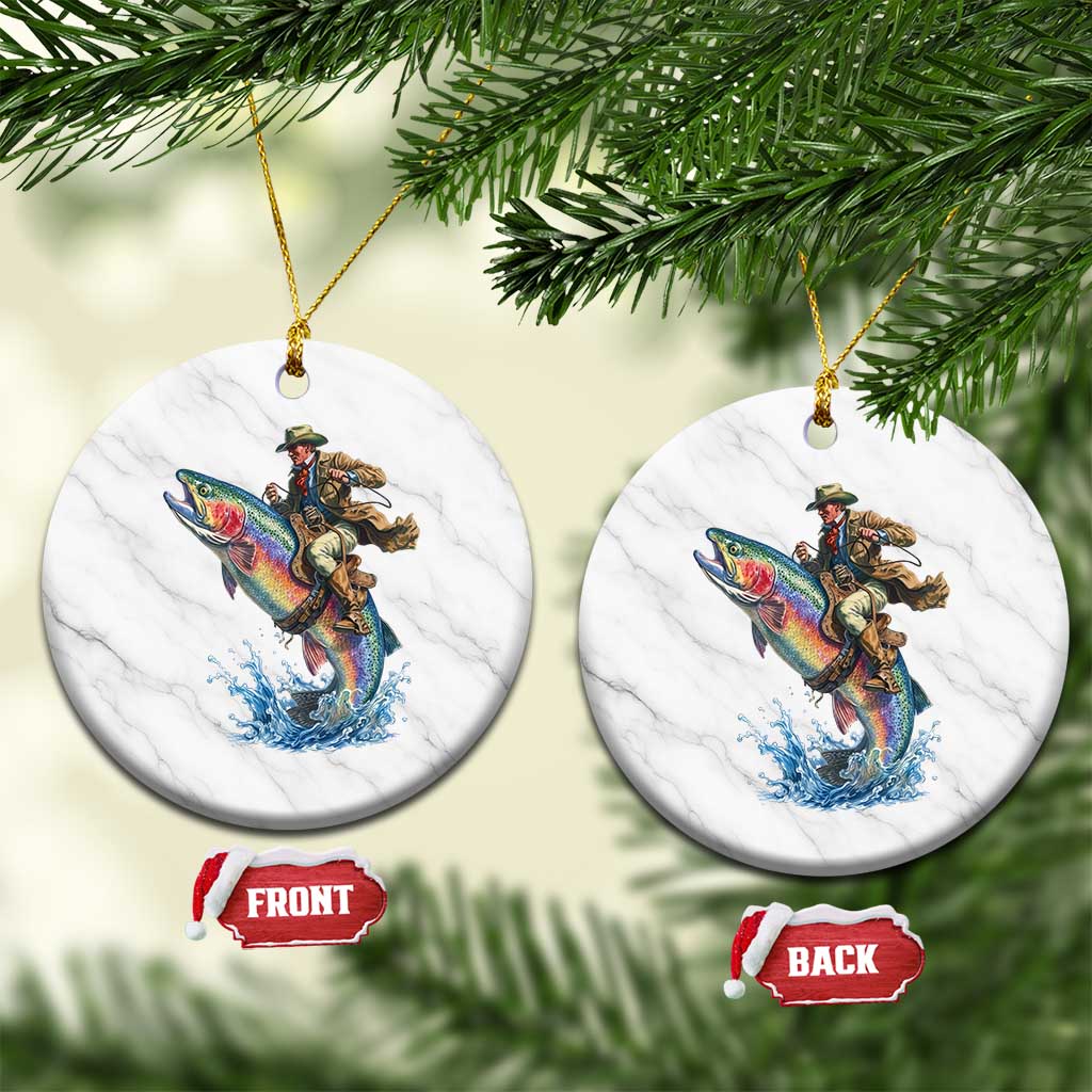 Vintage Cowboy Riding Rainbow Trout Ceramic Ornament Funny Fishing Western Rodeo