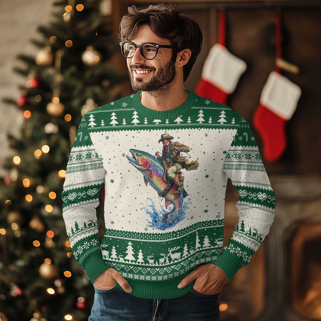 Vintage Cowboy Riding Rainbow Trout Ugly Christmas Sweater Funny Fishing Western Rodeo