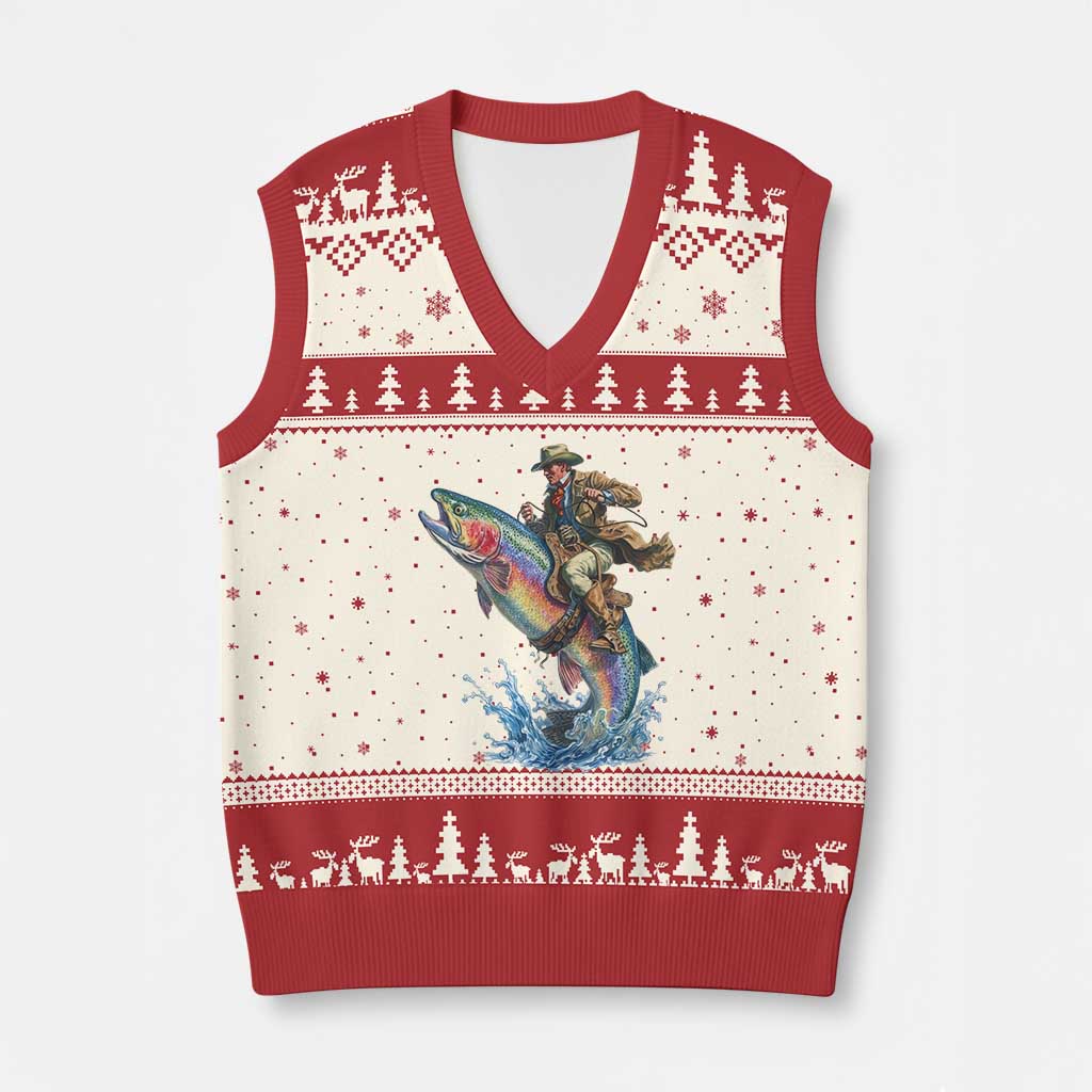 Vintage Cowboy Riding Rainbow Trout V-Neck Knit Sweater Vest Funny Fishing Western Rodeo