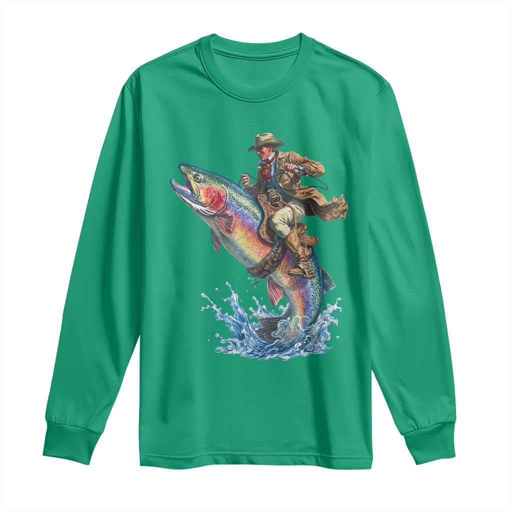 Vintage Cowboy Riding Rainbow Trout Long Sleeve Shirt Funny Fishing Western Rodeo