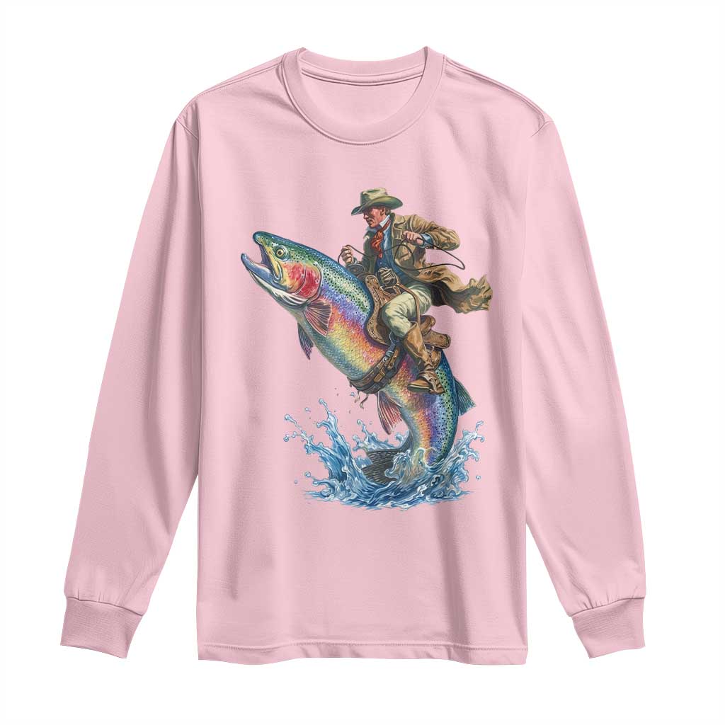Vintage Cowboy Riding Rainbow Trout Long Sleeve Shirt Funny Fishing Western Rodeo