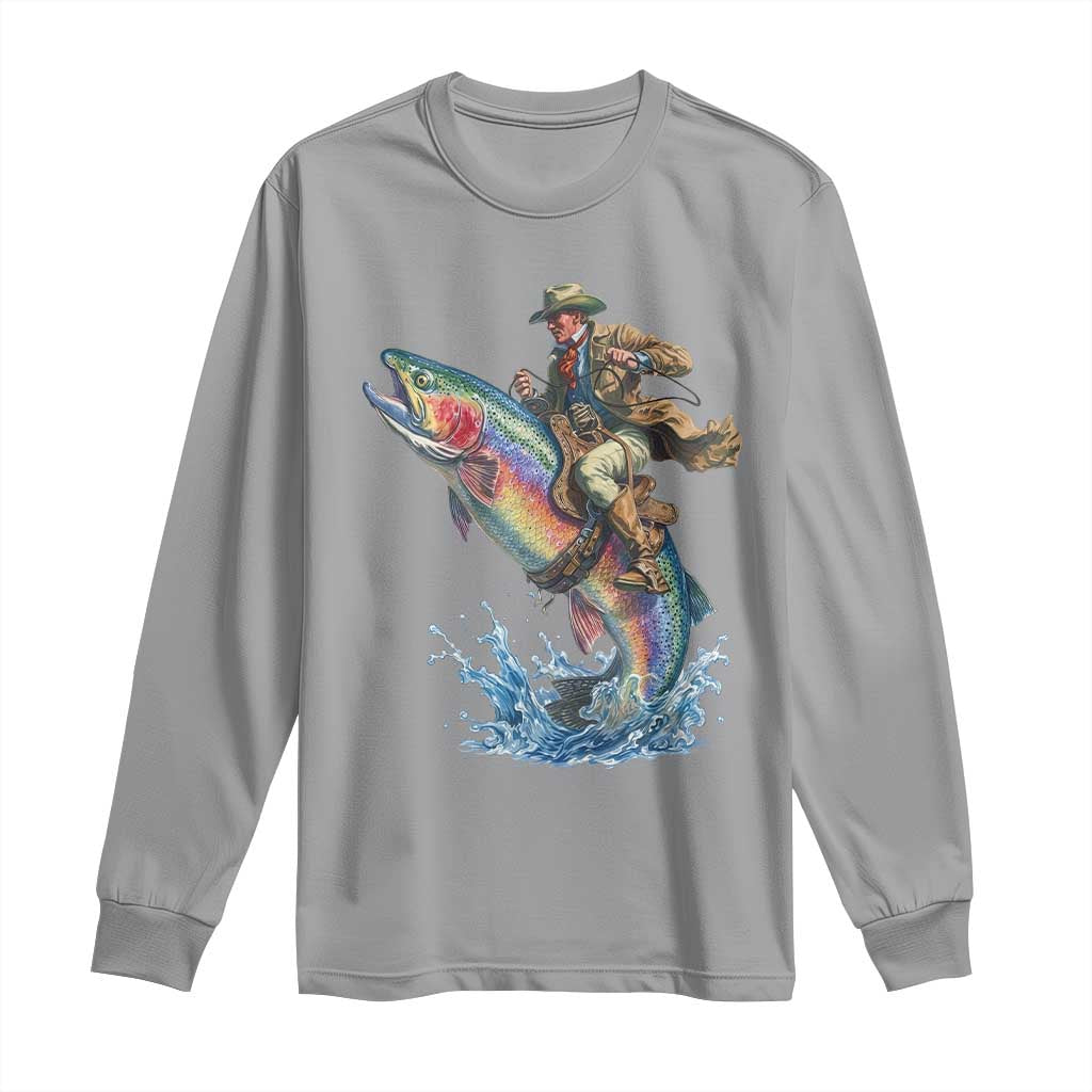 Vintage Cowboy Riding Rainbow Trout Long Sleeve Shirt Funny Fishing Western Rodeo