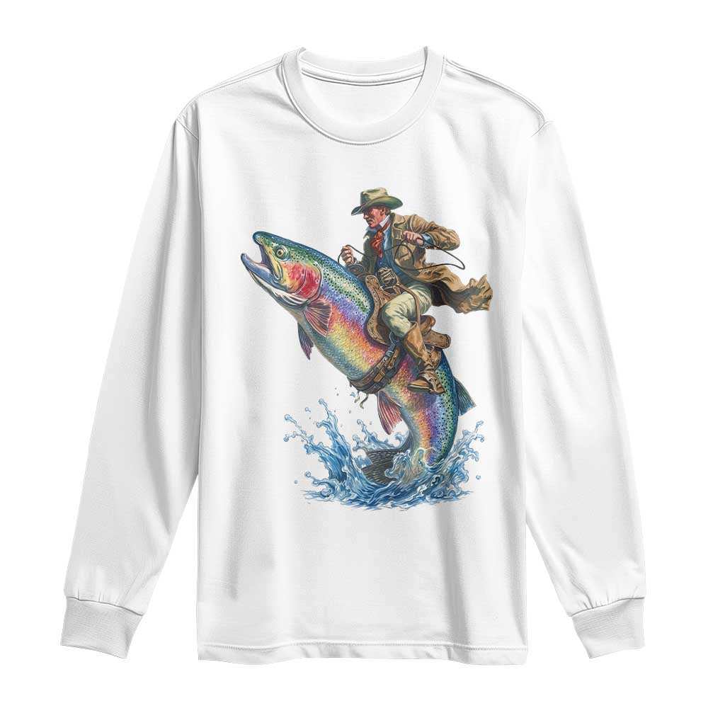 Vintage Cowboy Riding Rainbow Trout Long Sleeve Shirt Funny Fishing Western Rodeo