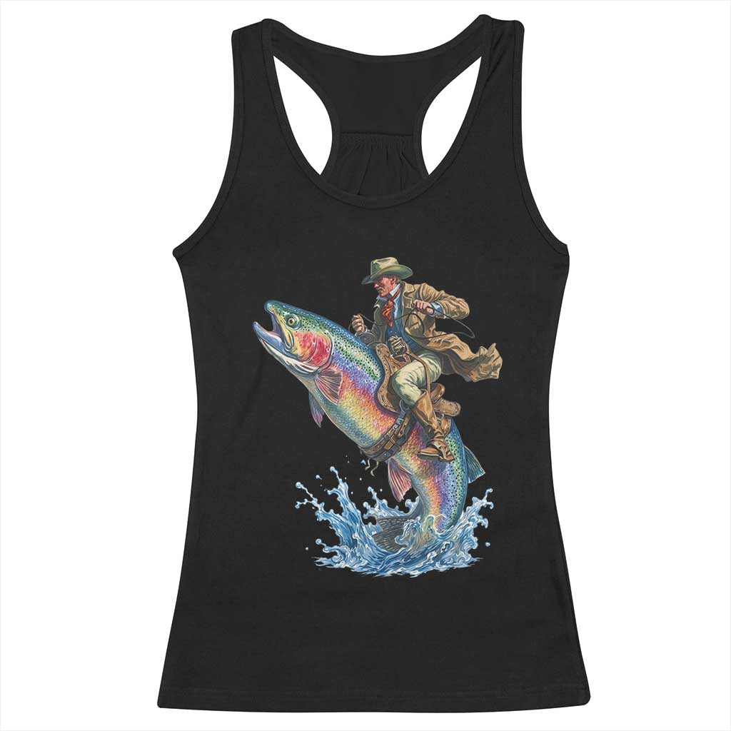 Vintage Cowboy Riding Rainbow Trout Racerback Tank Top Funny Fishing Western Rodeo
