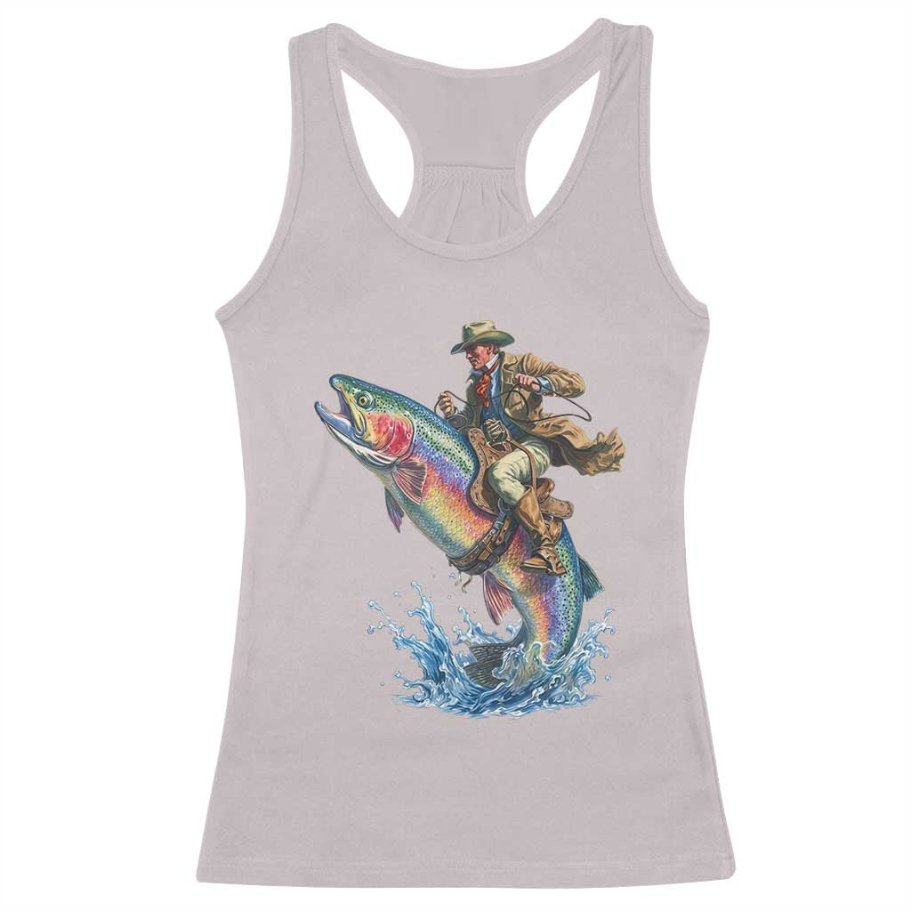 Vintage Cowboy Riding Rainbow Trout Racerback Tank Top Funny Fishing Western Rodeo