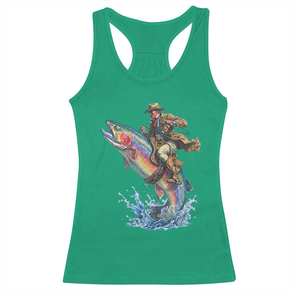 Vintage Cowboy Riding Rainbow Trout Racerback Tank Top Funny Fishing Western Rodeo