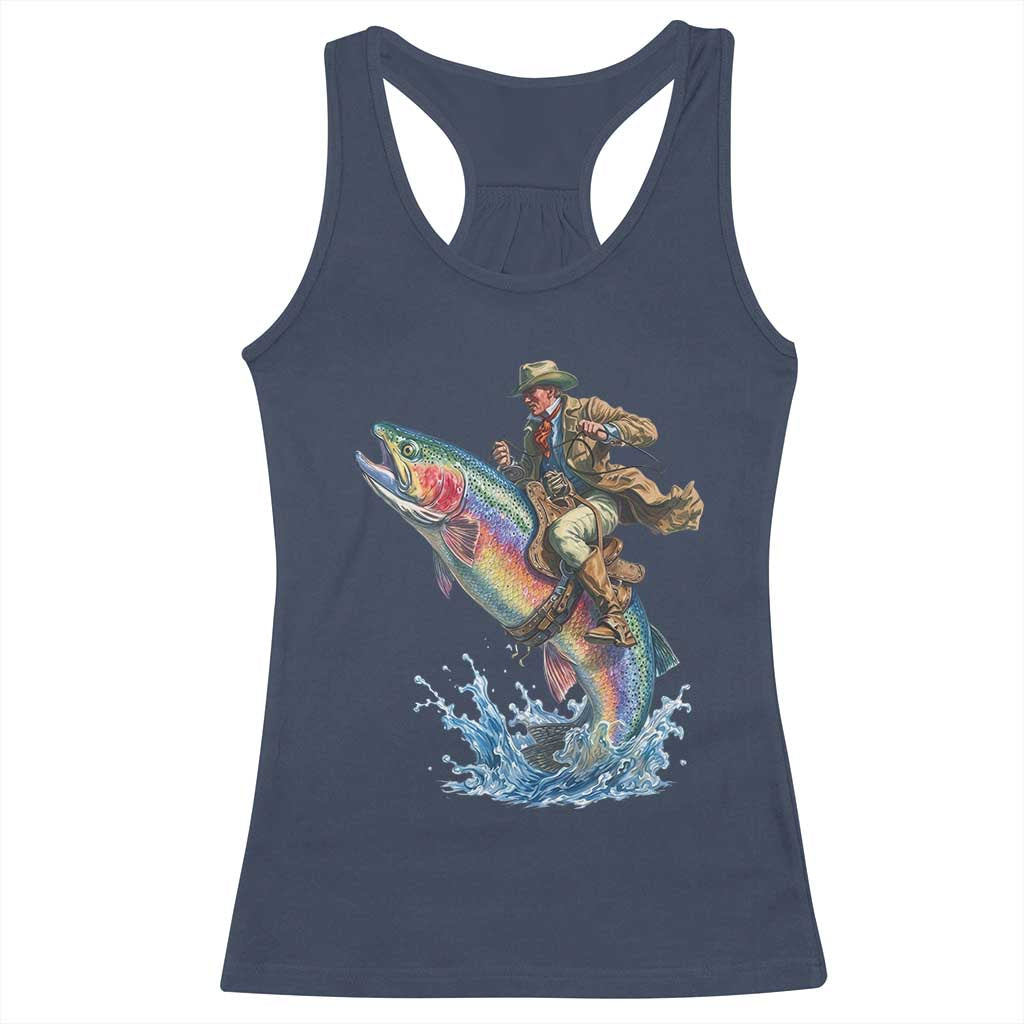 Vintage Cowboy Riding Rainbow Trout Racerback Tank Top Funny Fishing Western Rodeo
