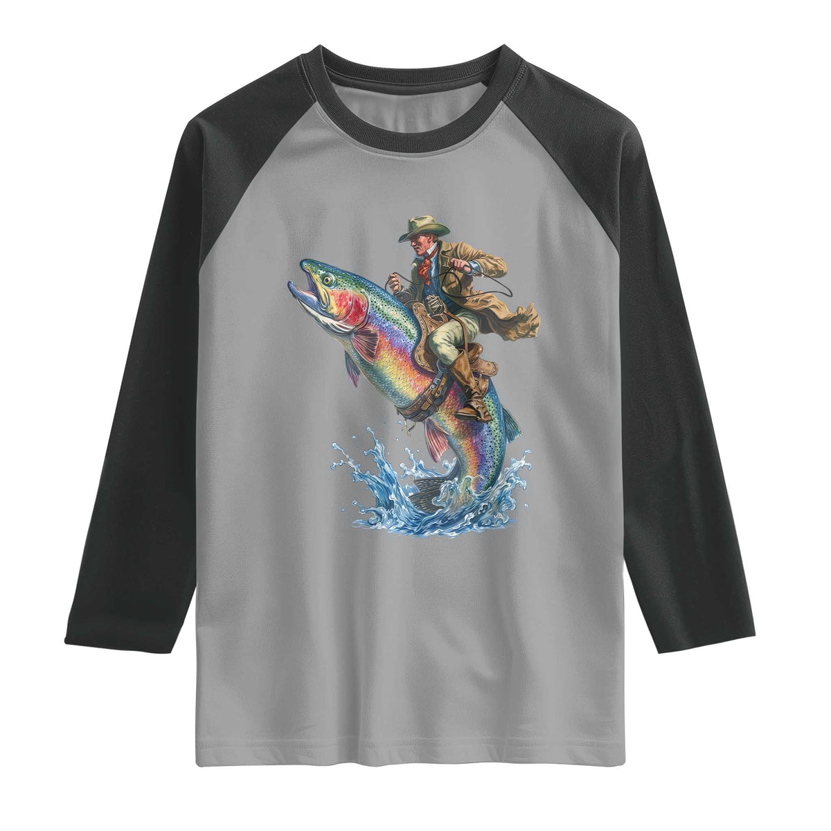 Vintage Cowboy Riding Rainbow Trout Raglan Shirt Funny Fishing Western Rodeo