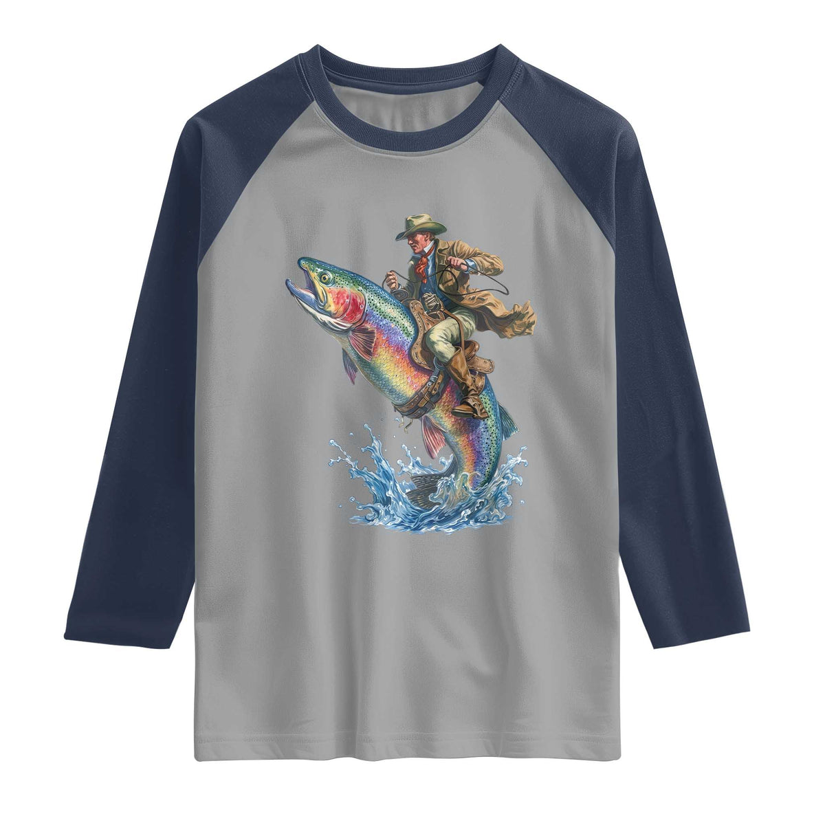 Vintage Cowboy Riding Rainbow Trout Raglan Shirt Funny Fishing Western Rodeo