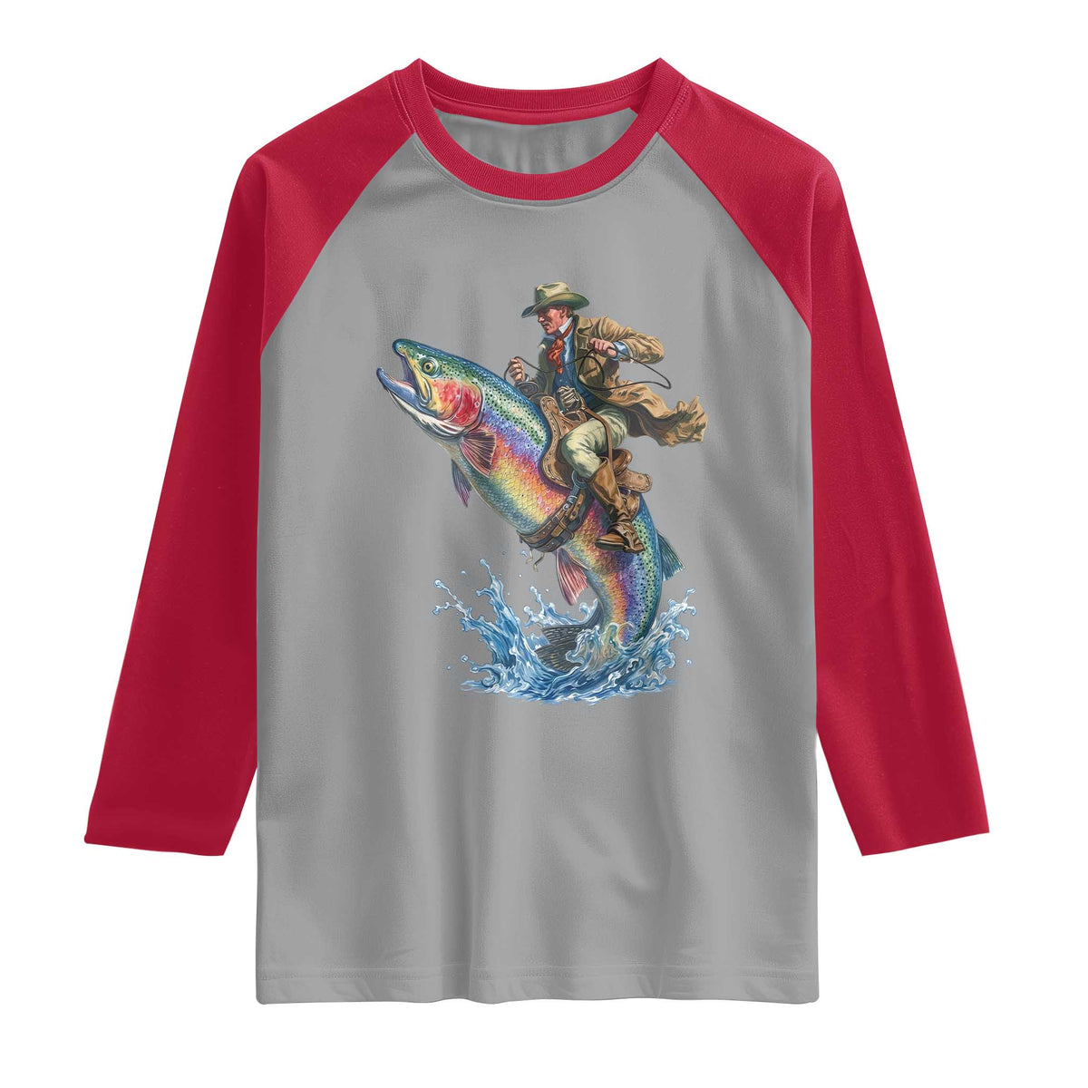 Vintage Cowboy Riding Rainbow Trout Raglan Shirt Funny Fishing Western Rodeo
