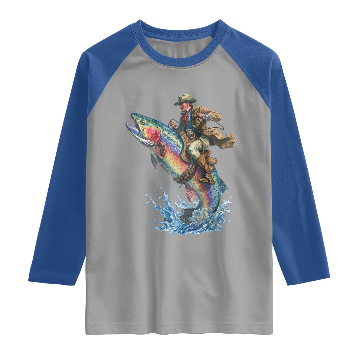 Vintage Cowboy Riding Rainbow Trout Raglan Shirt Funny Fishing Western Rodeo