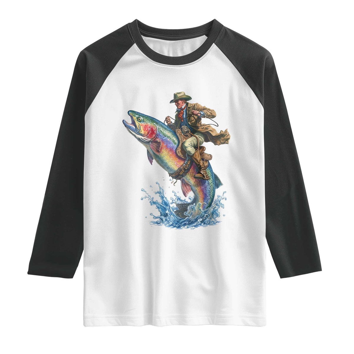 Vintage Cowboy Riding Rainbow Trout Raglan Shirt Funny Fishing Western Rodeo