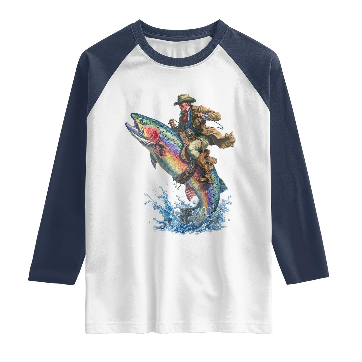 Vintage Cowboy Riding Rainbow Trout Raglan Shirt Funny Fishing Western Rodeo