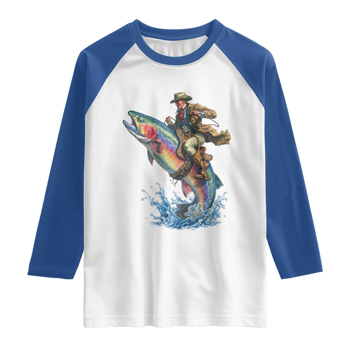 Vintage Cowboy Riding Rainbow Trout Raglan Shirt Funny Fishing Western Rodeo