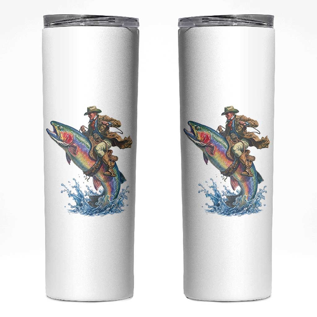 Vintage Cowboy Riding Rainbow Trout Skinny Tumbler Funny Fishing Western Rodeo
