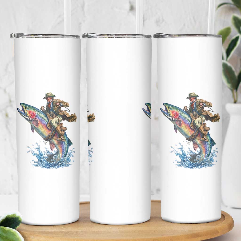 Vintage Cowboy Riding Rainbow Trout Skinny Tumbler Funny Fishing Western Rodeo