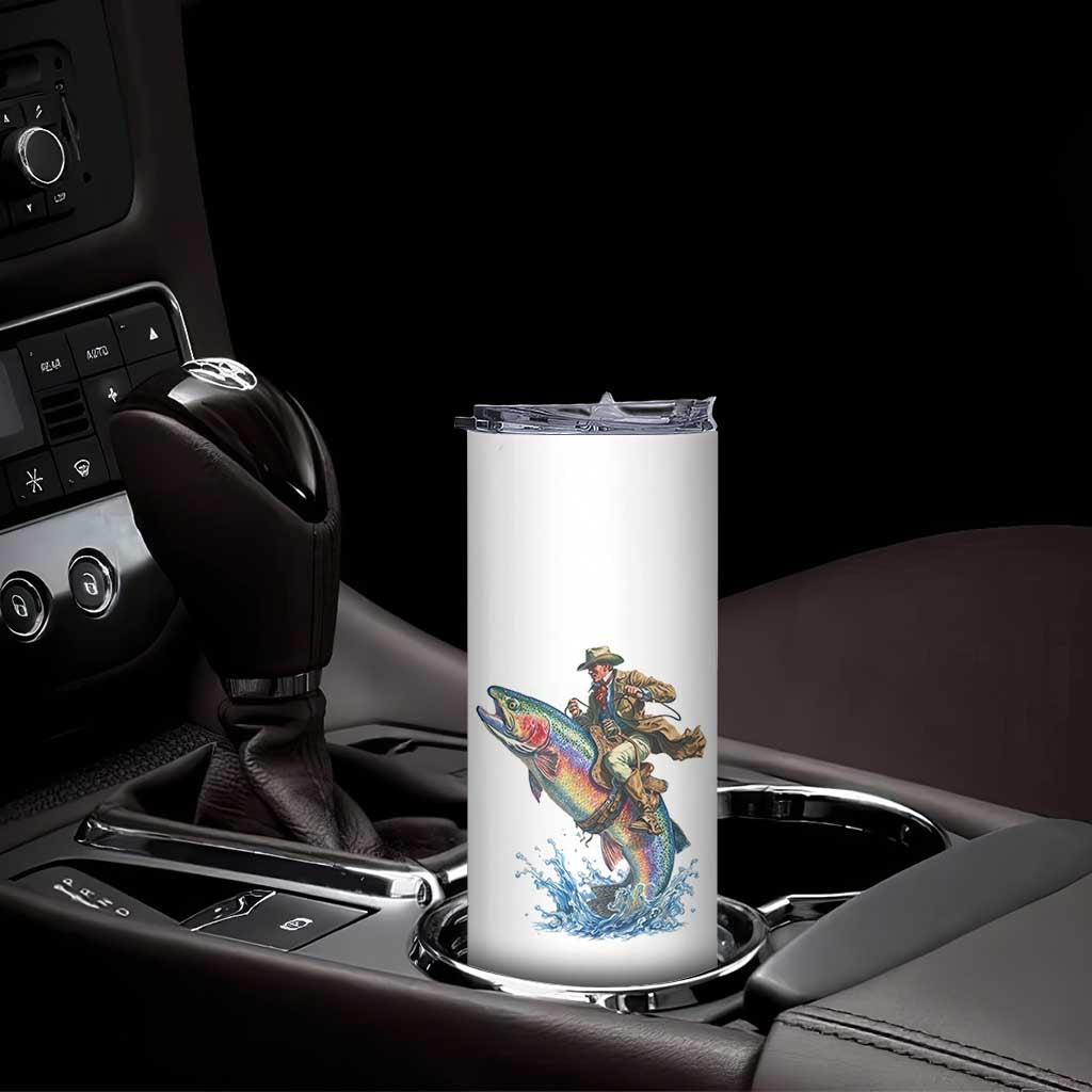 Vintage Cowboy Riding Rainbow Trout Skinny Tumbler Funny Fishing Western Rodeo