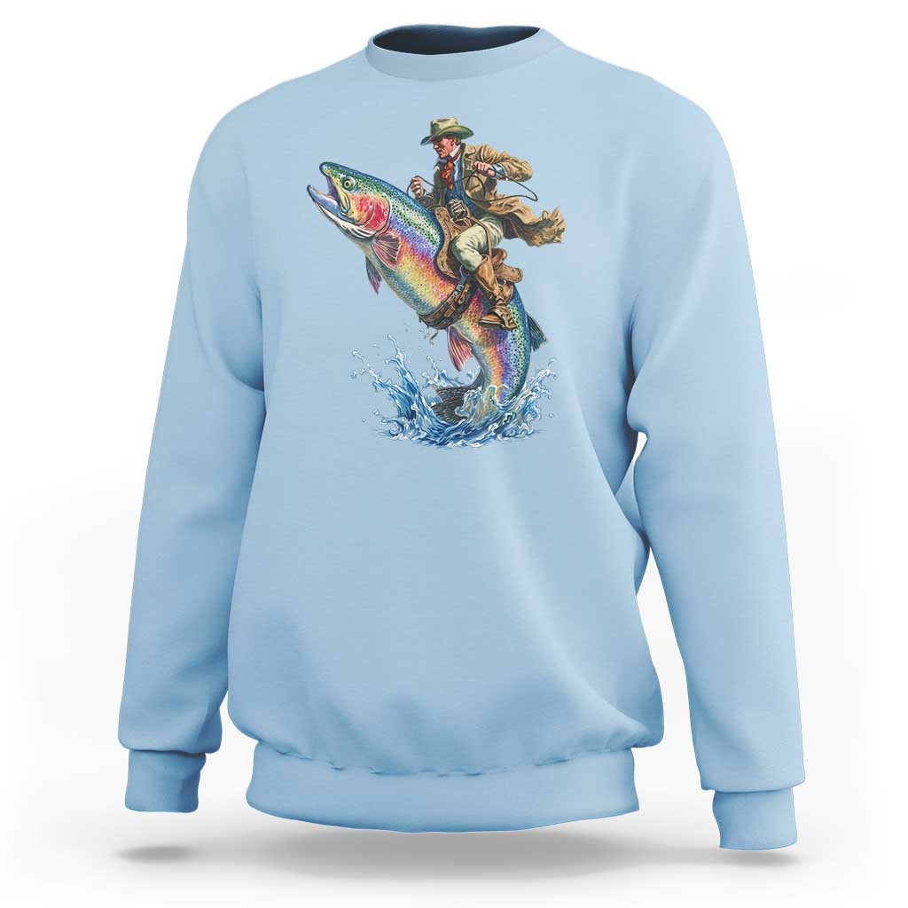 Vintage Cowboy Riding Rainbow Trout Sweatshirt Funny Fishing Western Rodeo