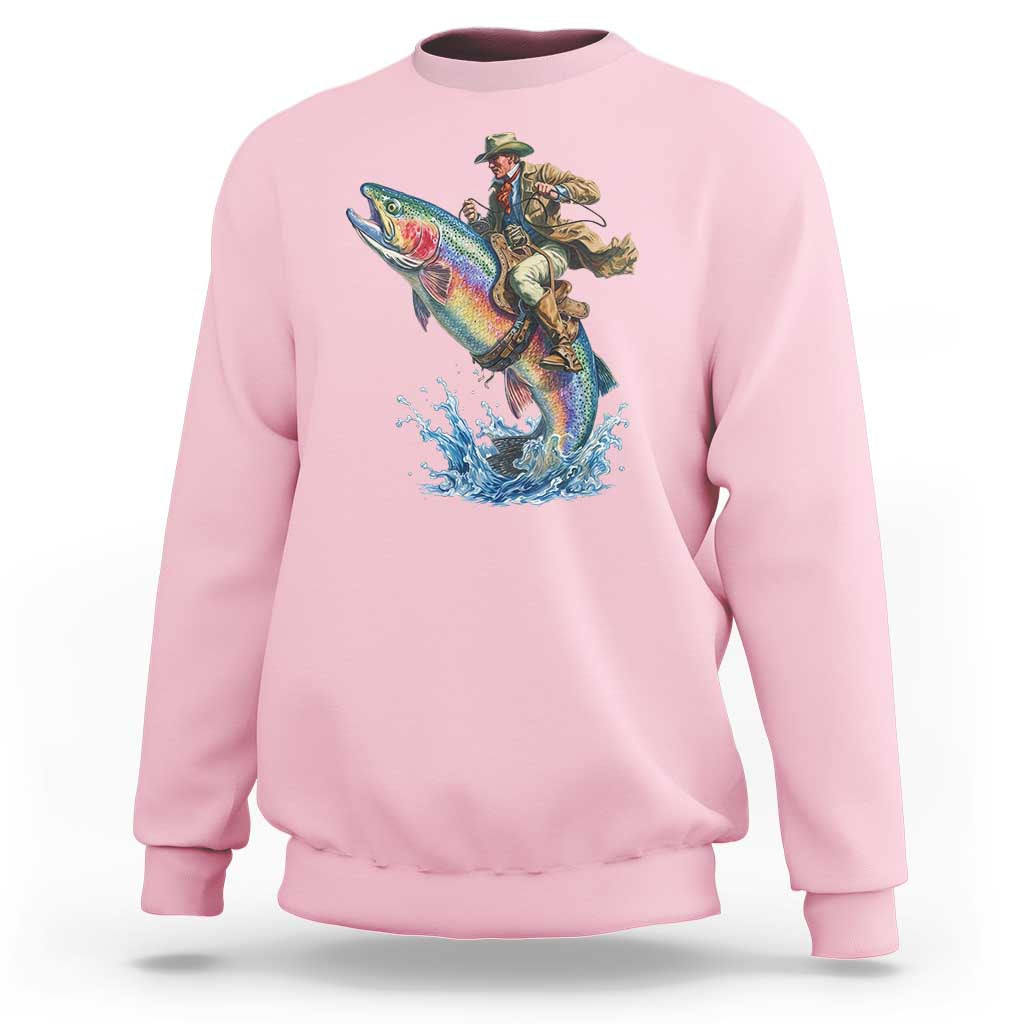 Vintage Cowboy Riding Rainbow Trout Sweatshirt Funny Fishing Western Rodeo