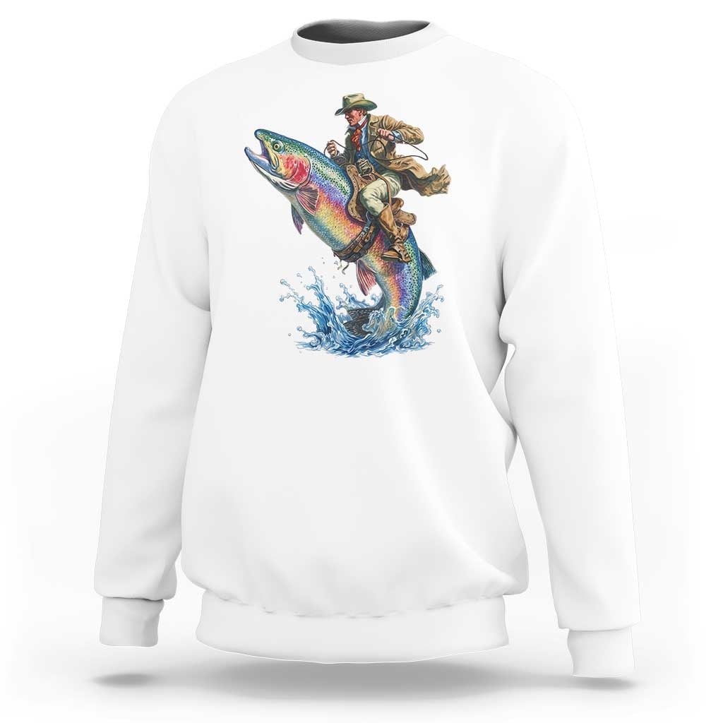 Vintage Cowboy Riding Rainbow Trout Sweatshirt Funny Fishing Western Rodeo