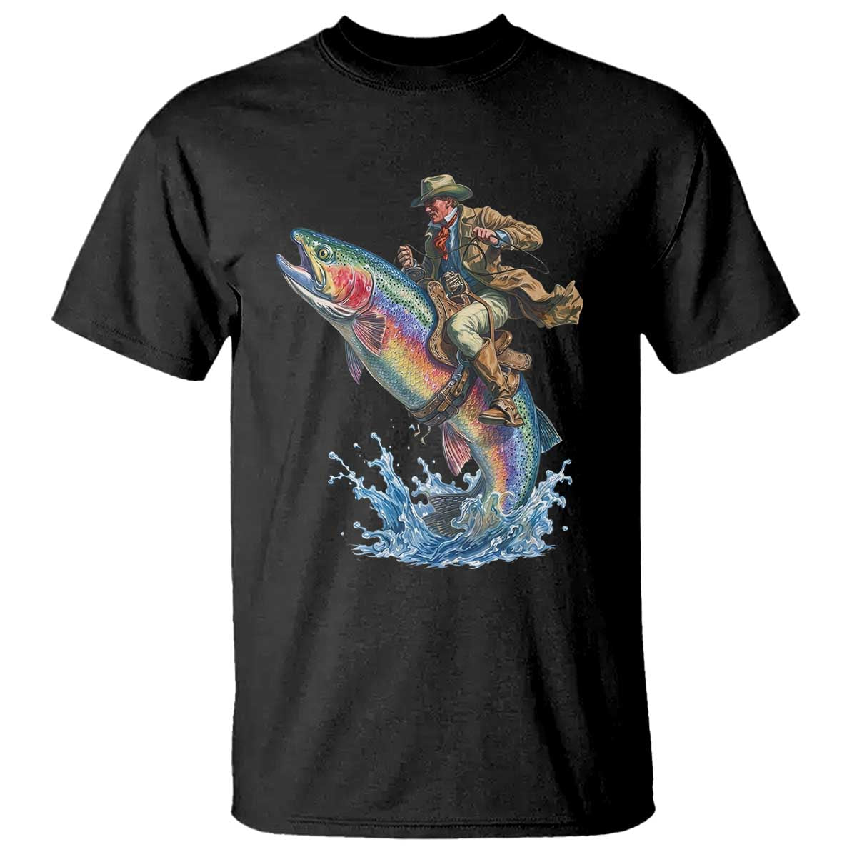 Vintage Cowboy Riding Rainbow Trout T Shirt Funny Fishing Western Rodeo