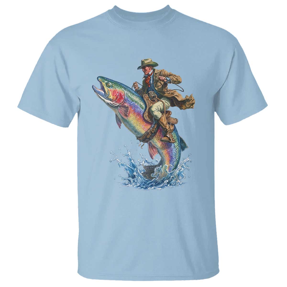 Vintage Cowboy Riding Rainbow Trout T Shirt Funny Fishing Western Rodeo
